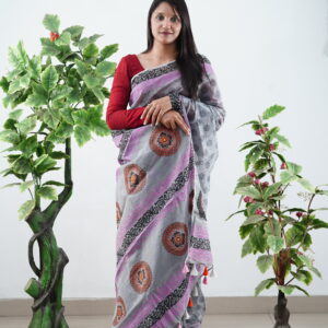 ব্ল্যাক & পিঙ্ক টোনে ব্লক প্রিন্ট কটন শাড়ি